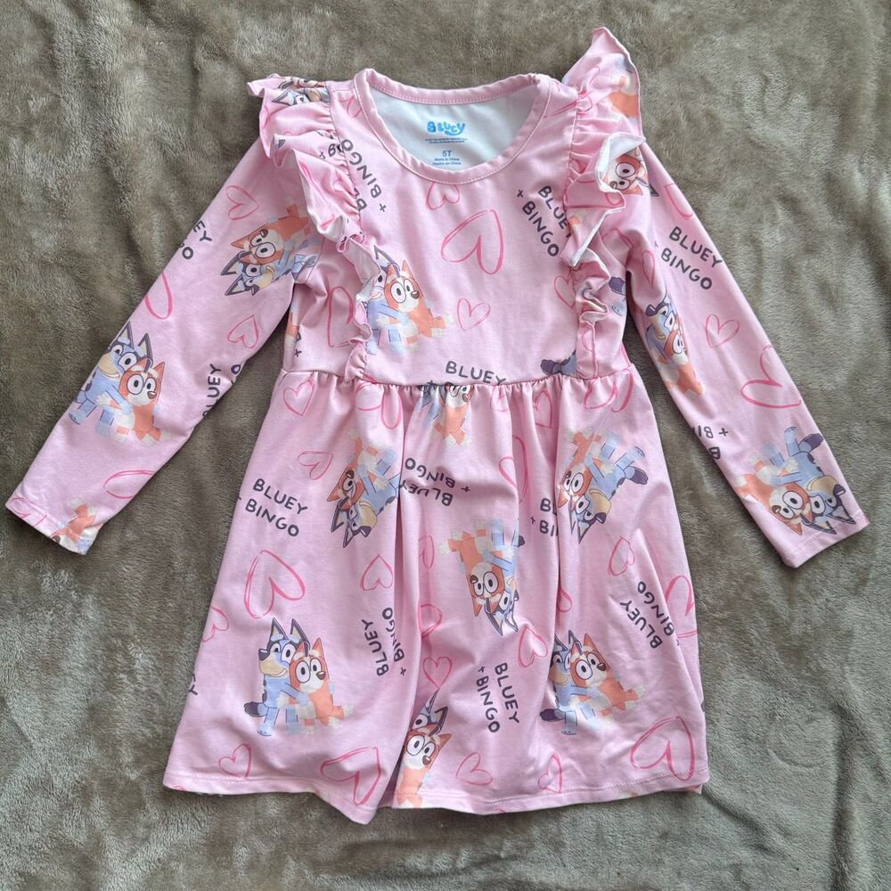 Bluey & Bingo Pink Long Sleeve Ruffle Dress Girls Size 5T Heart Print